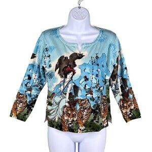 Mark Richards Collection Womens L Silk Blend Asian Tiger Allover Print Top Artsy